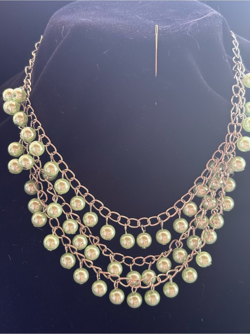 Layered Silver-Tone Necklace with light Green Pearl Drops
